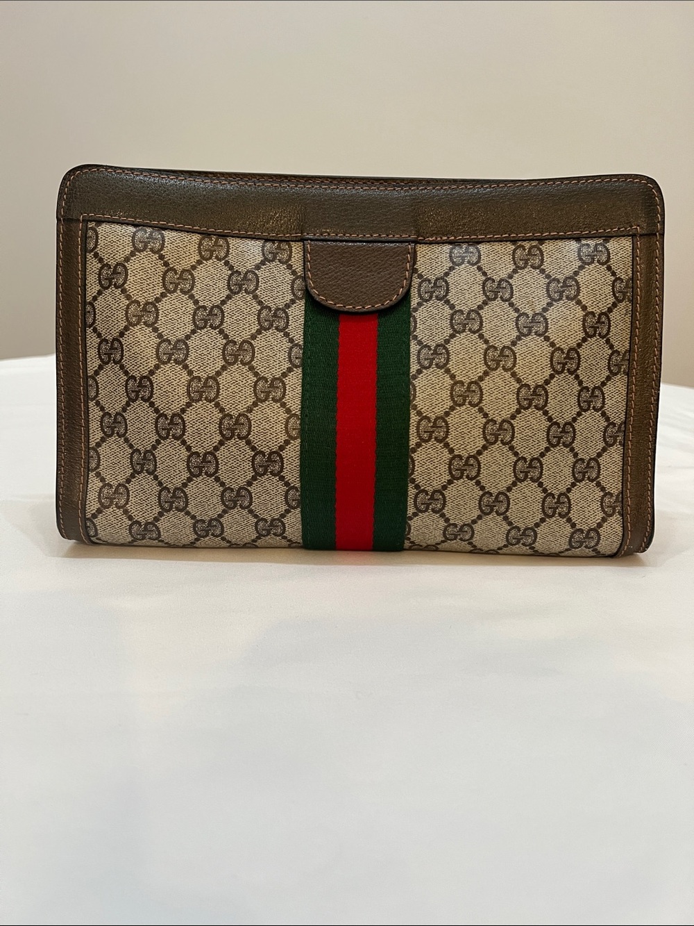 Vintage Designer Styled Clutch Bag Brown GG Canvas with Green and Red Stripe - Picture 1 of 12